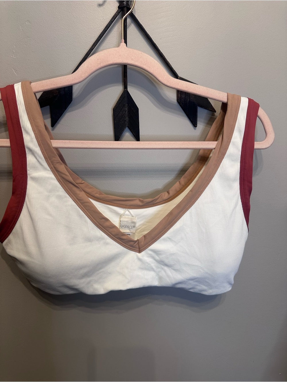 l*space Ribbed V-Neck Swim Bralette in White, Tan & Burgundy